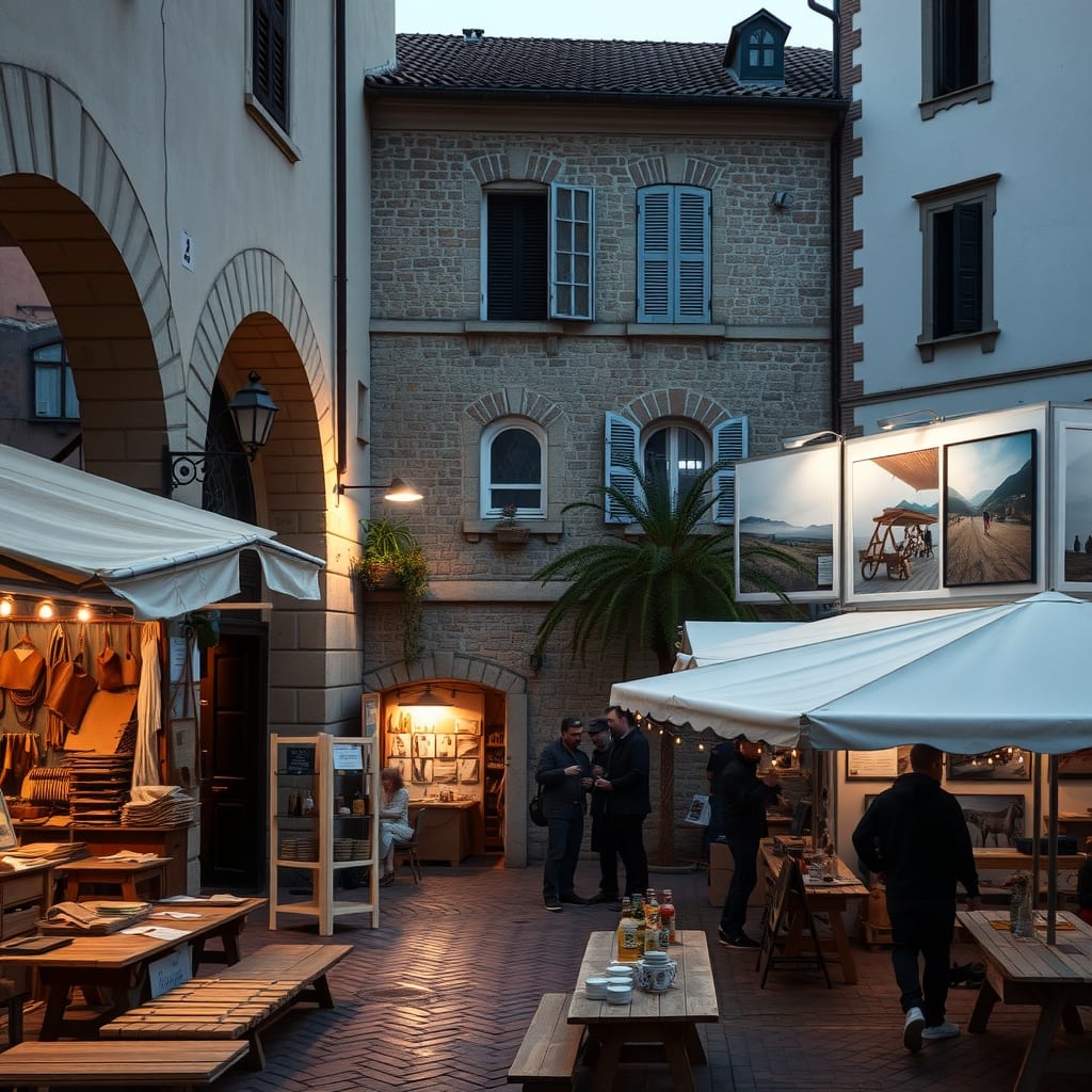 Cortile storico di Pinerolo con fotografie in bianco e nero appese alle pareti, un artigiano al banco di legno e visitatori, luce di fine pomeriggio
