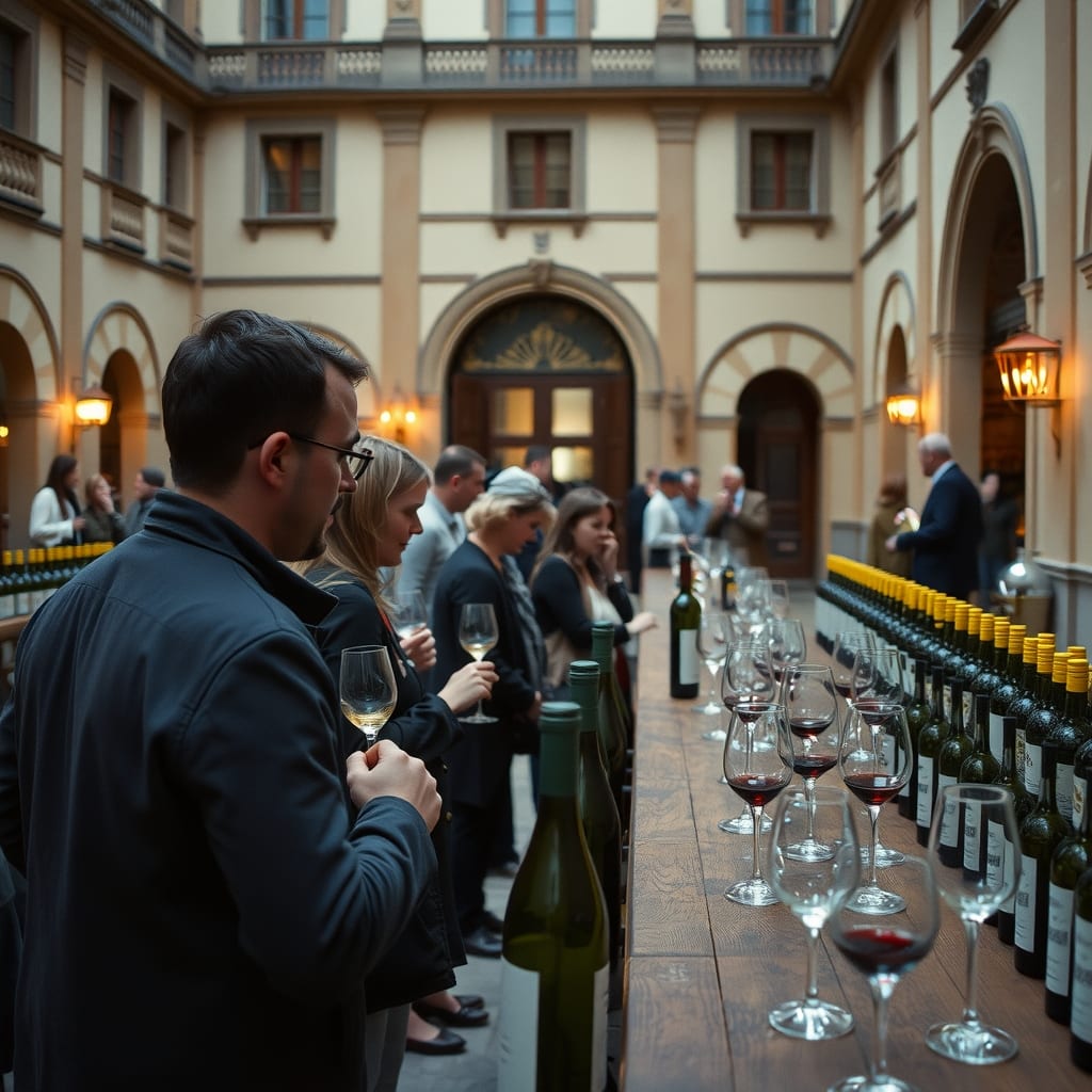 Degustazione di vini nel cortile di un palazzo barocco di Asti: banconi di legno, centinaia di bottiglie e gente con il calice in mano