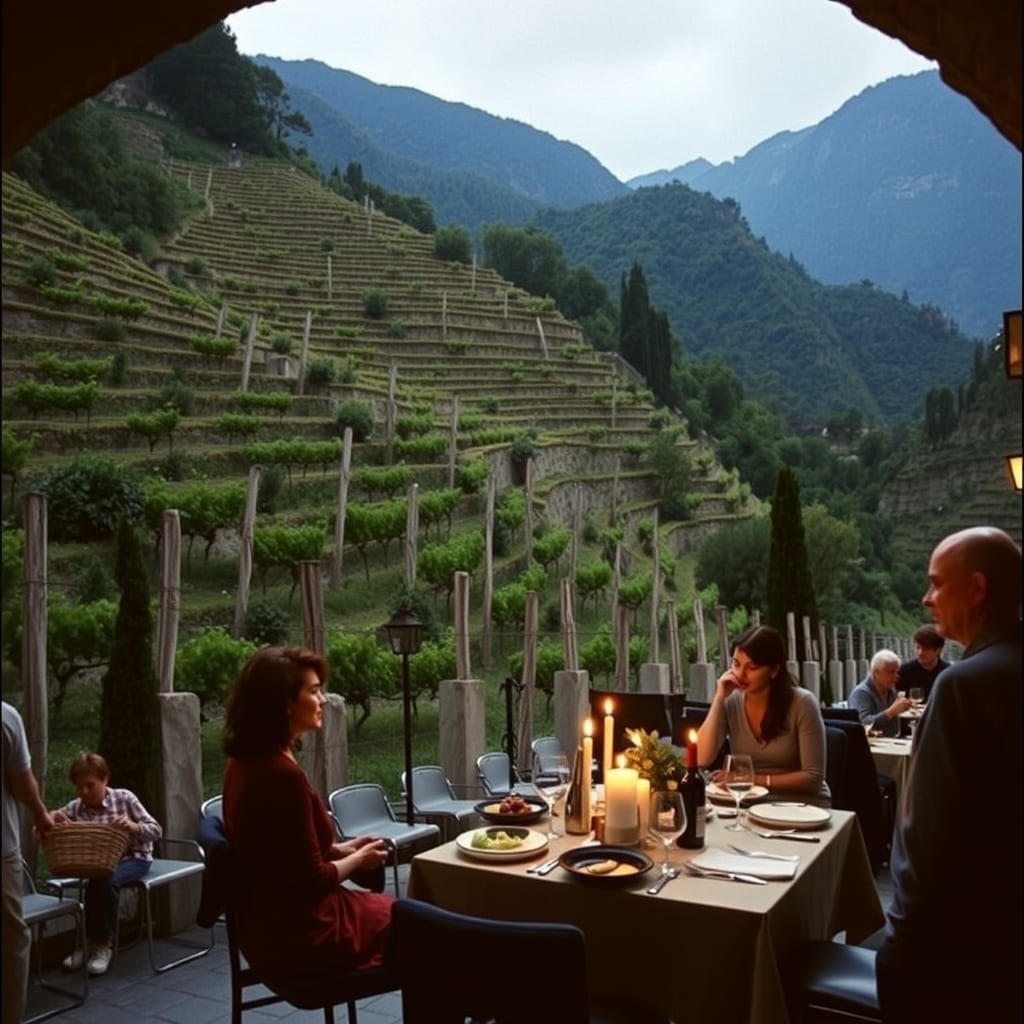 Vigne terrazzate sui pilastri di pietra di Carema, gente che porta le ceste d'uva e una cena a lume di candela in una cantina di pietra
