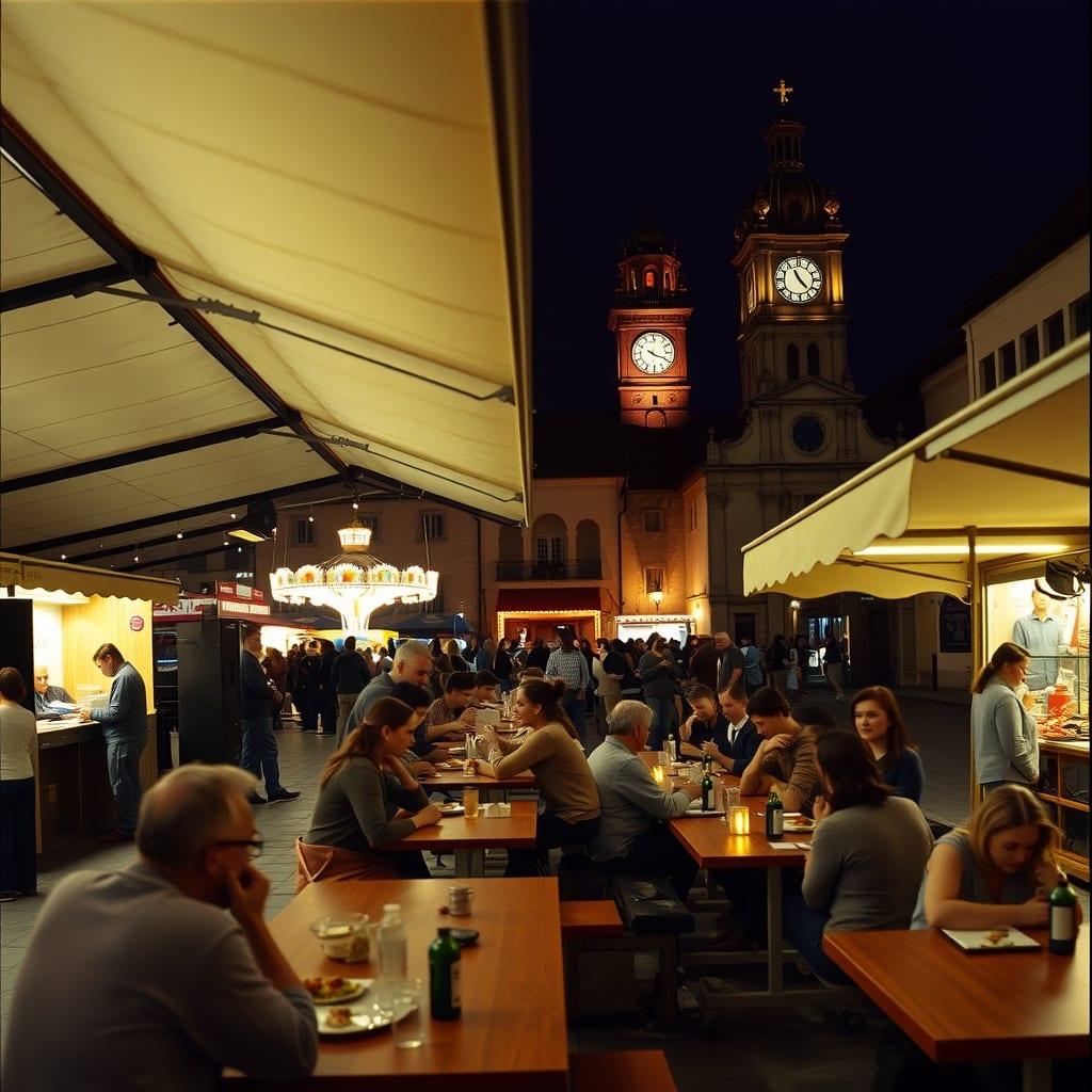Padiglione coperto in una piazza di paese la sera: tavoli lunghi con gente a cena, un dj sul palco in fondo e le giostre del luna park illuminate