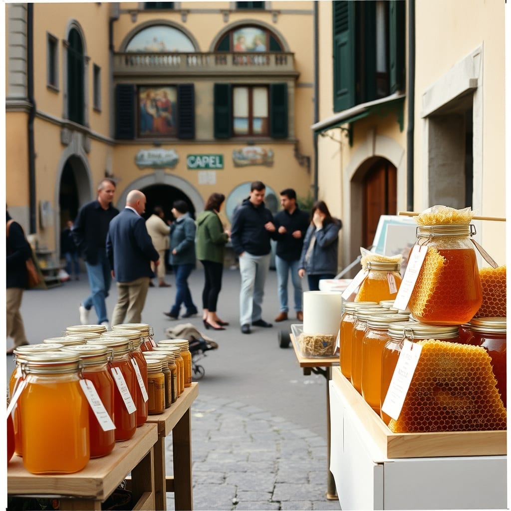 Banchi con vasetti di miele e favi nella piazza di Marentino, il paese dei murales dipinti, mattino di settembre