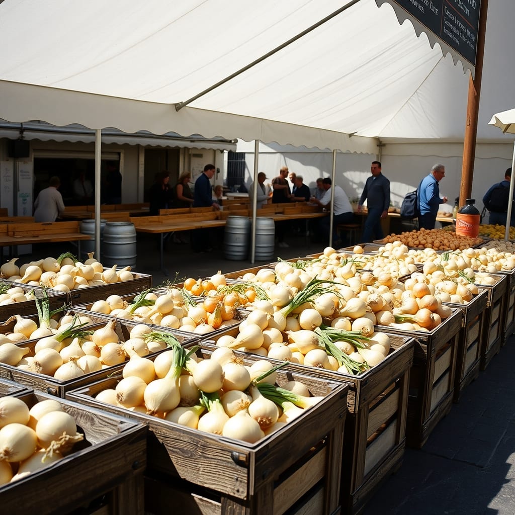 Banchi del Mercato della Terra in una piazza di Fontaneto d'Agogna con casse di cipolle bionde, un palatenda con tavoli e gente al pranzo di domenica