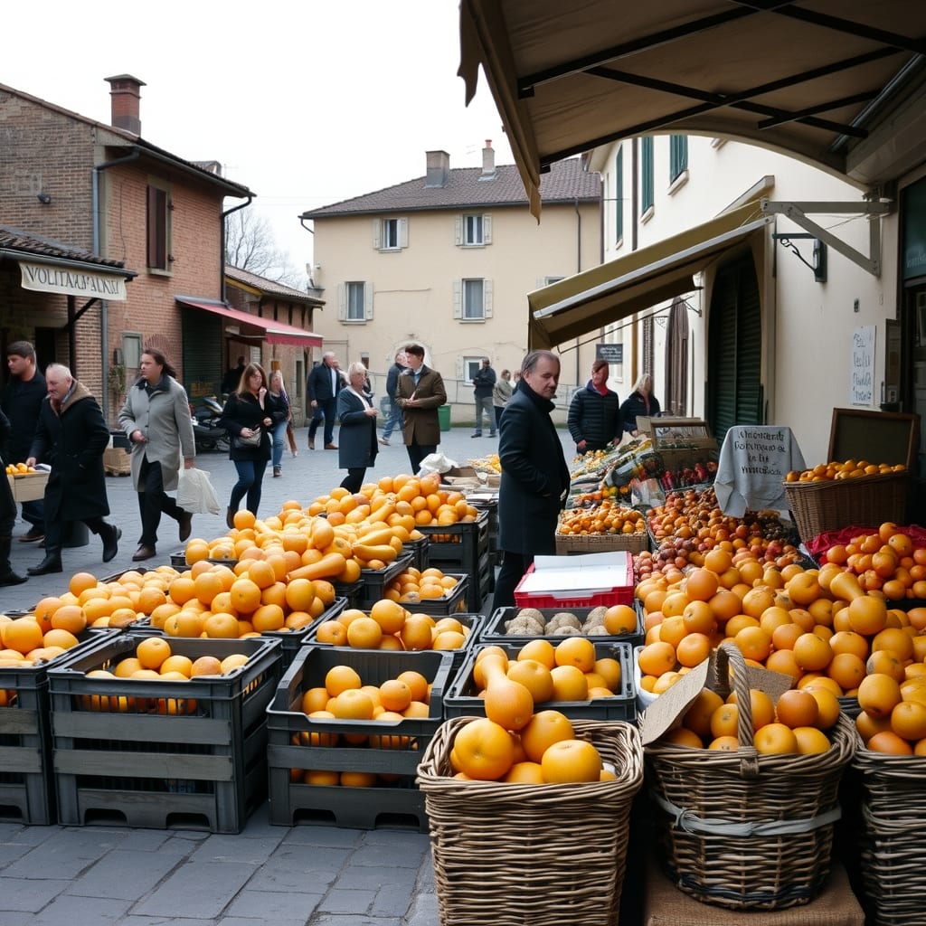 Banchi di zucche e ceste di nespole in una piazza di paese della pianura torinese, in una domenica di novembre