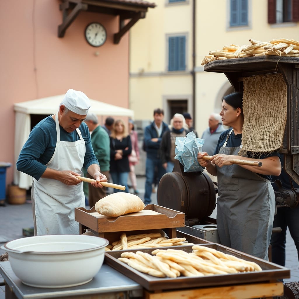 Panettieri che infornano il pane e tirano i grissini a mano nella piazza di Giaveno, con una vecchia trebbiatrice e i mulini