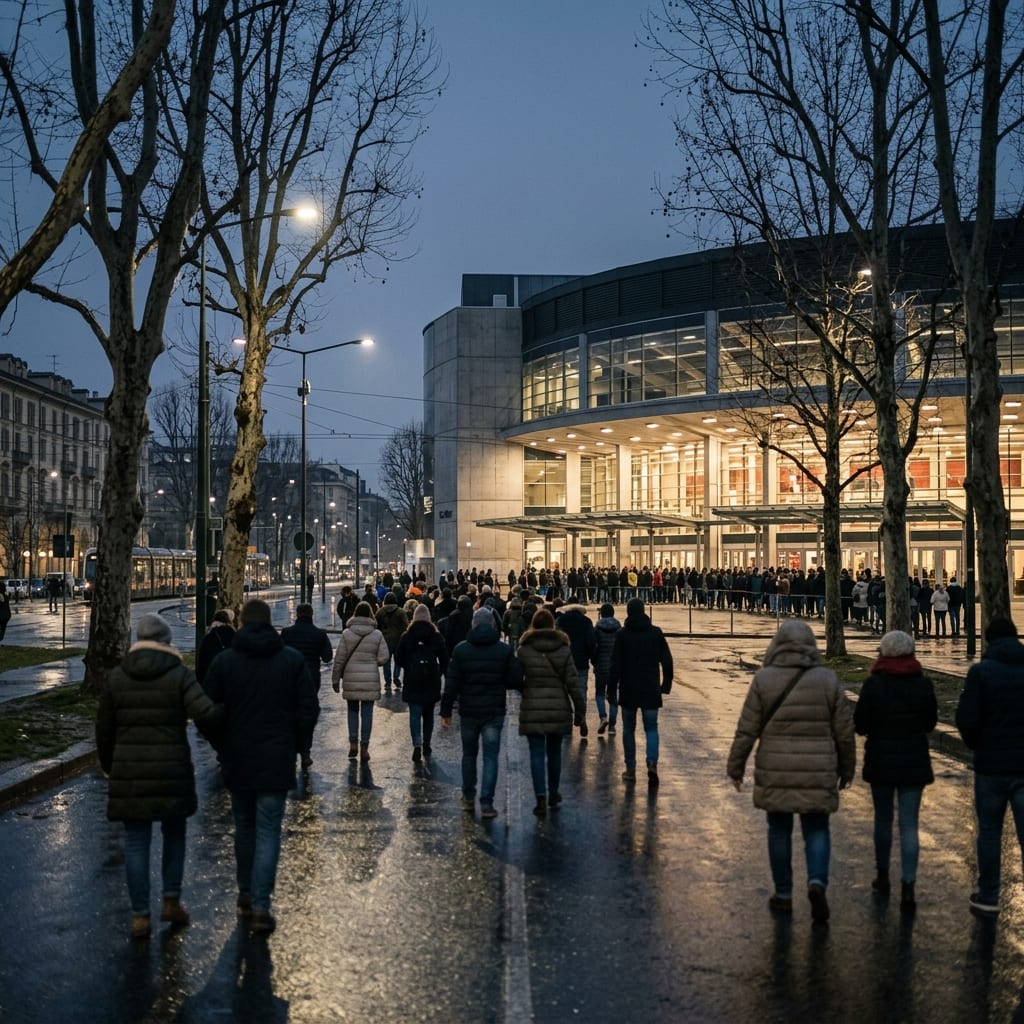 Persone con il cappotto che camminano verso l'ingresso illuminato di un palasport, sera di dicembre, asfalto bagnato e platani spogli