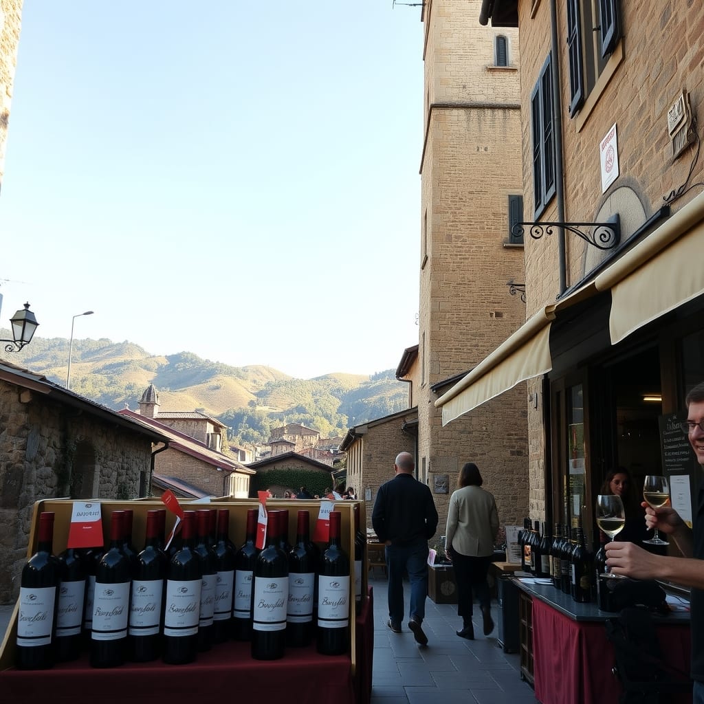 Banchi di degustazione con bottiglie di Barolo nelle vie strette di Castiglione Falletto, sotto il castello, gente col calice nel tardo pomeriggio