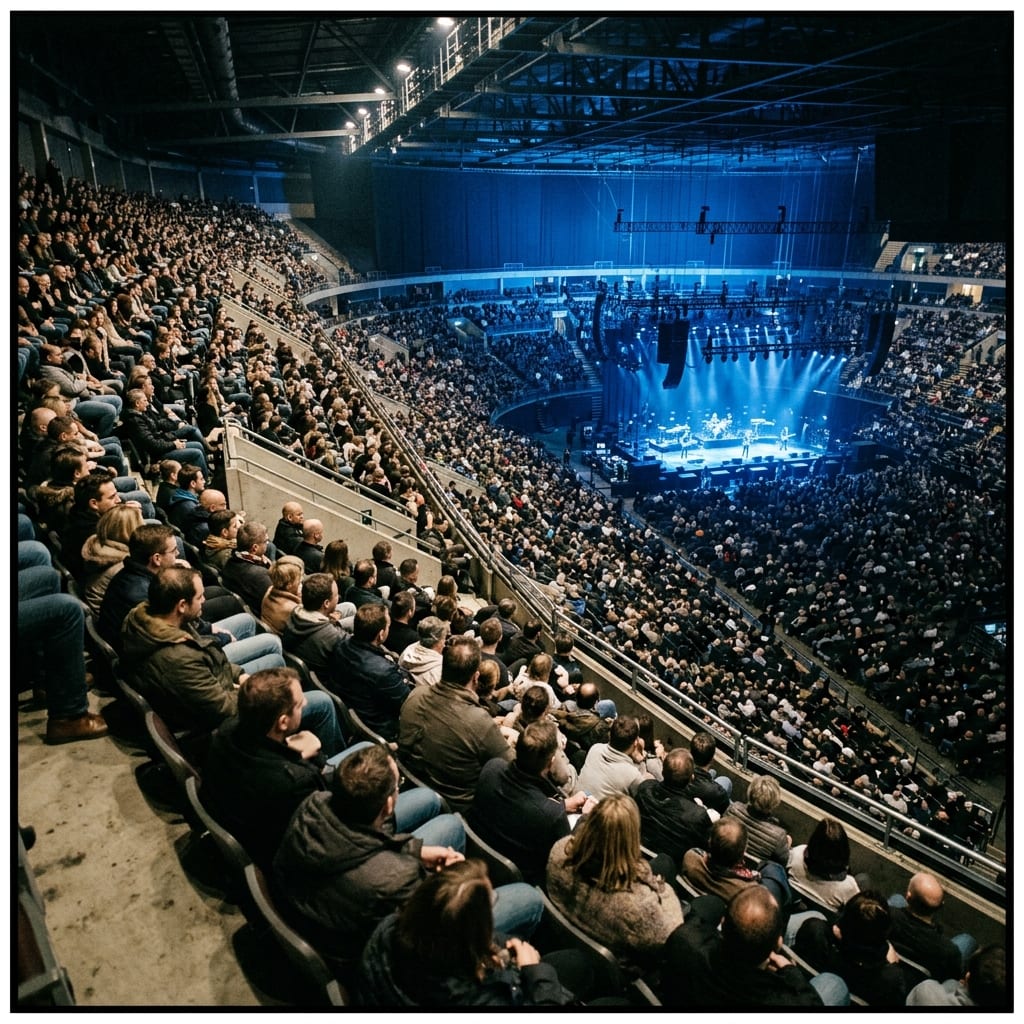 Palasport visto dall'anello alto: le file di seggiolini piene, luce blu sul palco lontano in basso