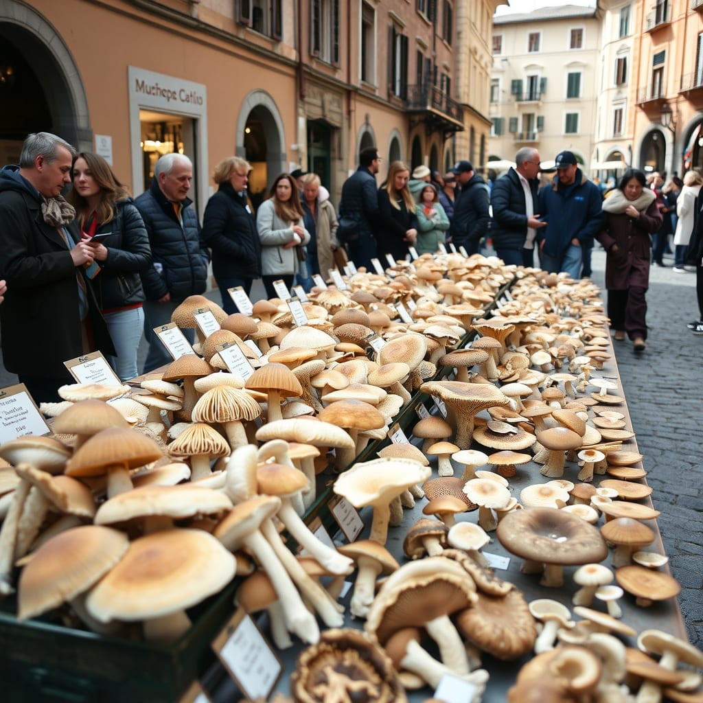 Mostra di tante specie di funghi sui tavoli con i cartellini nel centro storico di Ceva, con i visitatori che guardano