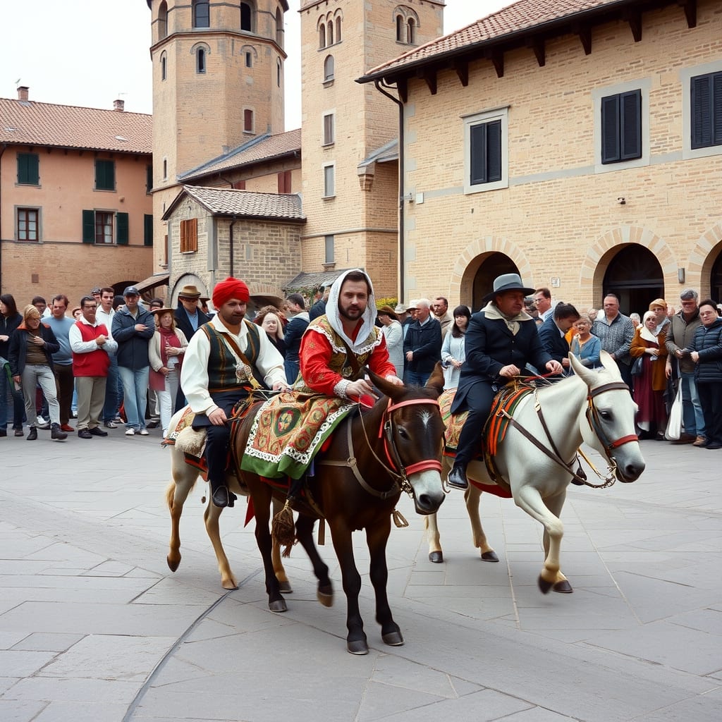 Corsa degli asini nella piazza medievale di Alba con le torri di mattoni, i fantini in costume e il pubblico intorno, pomeriggio d'ottobre