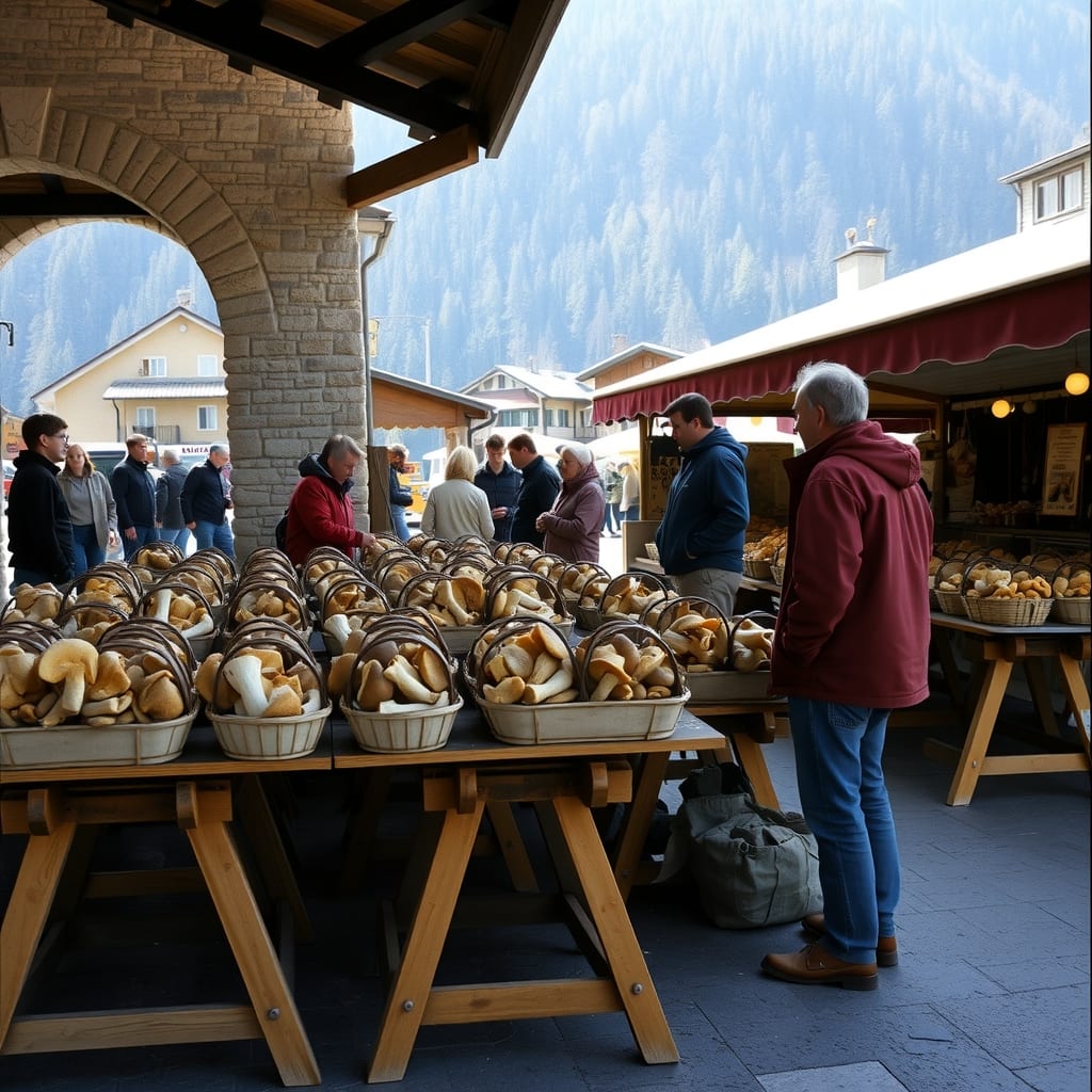 Immagine generata: wooden trestle tables with baskets of fresh porcini mushrooms under a stone portico in an alpine vil