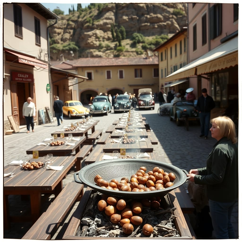 Tavolate in una piazza di paese del Roero, castagne che arrostiscono in una padella forata e auto d'epoca ferme a lato, sole di mezzogiorno