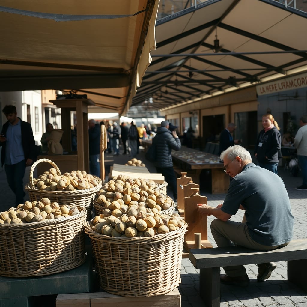 Piazza di un paese della pianura cuneese con banchi di noci e nocciole in cesti e ceste di legno, gente che passeggia tra gli stand nel pomeriggio