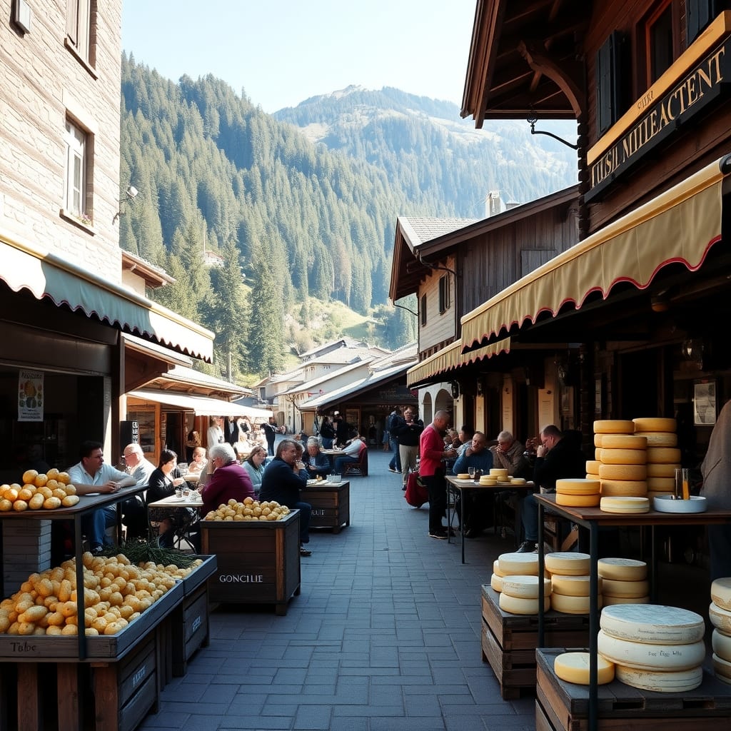 Piazza di un paese alpino a 1.500 metri con cassette di patate di montagna e forme di toma sui banchi, gente a tavola e le cime dietro