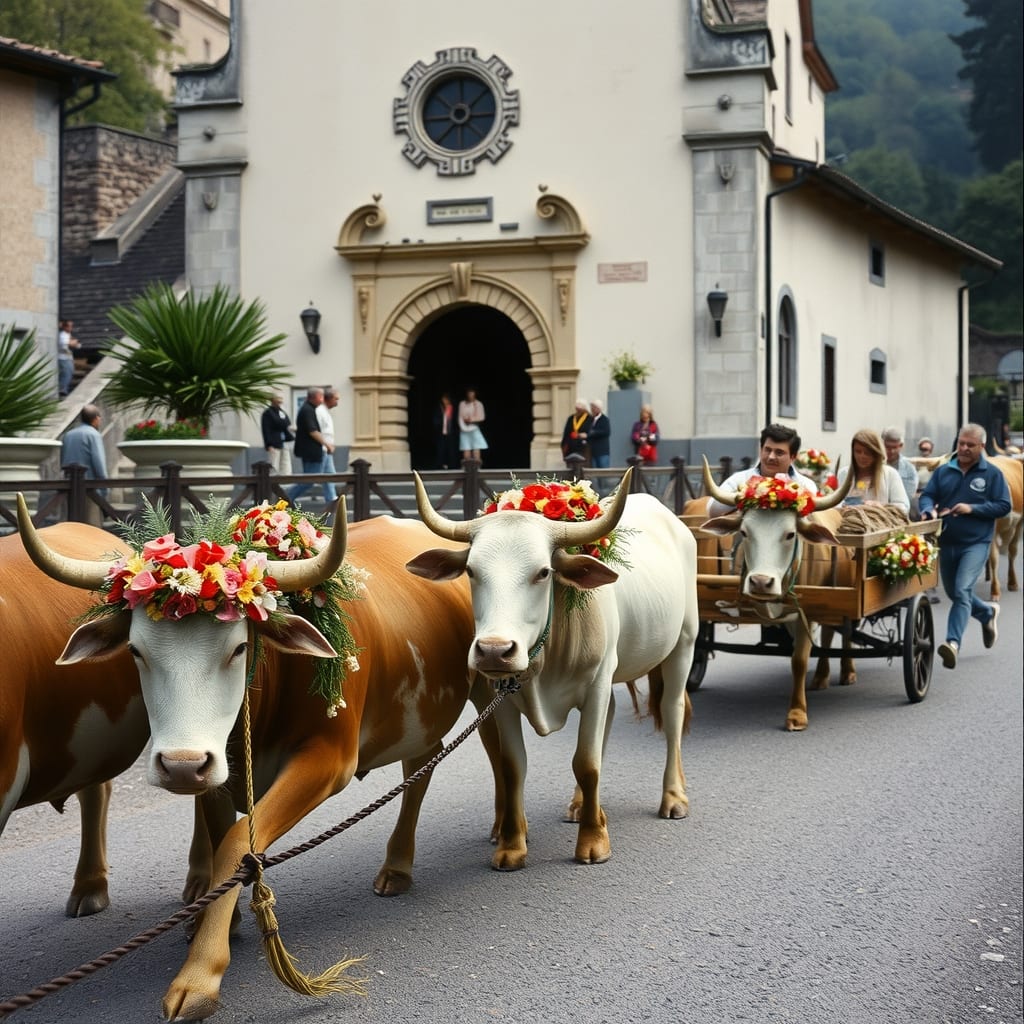 Buoi addobbati di fiori benedetti davanti alla chiesa di Villanova d'Asti, con la corsa dei carri agricoli e le luci del luna park