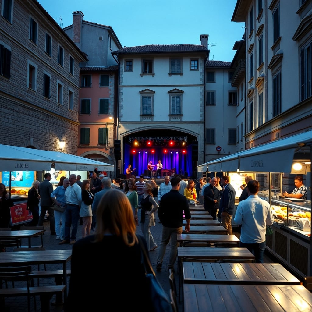 Sera di festa in piazza Dante a Chieri: banchi di street food, tavoli di legno, folla davanti a un palco con luci colorate e facciate storiche intorno